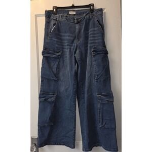 Y2K Blue Turtle Jeans Womens Dark Wide Legs Distressed w Cargo Pockets. 9